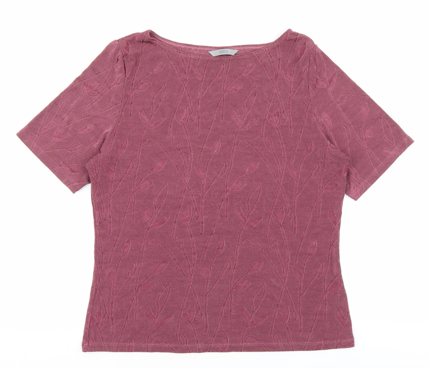 Marks and Spencer Womens Pink Floral Polyester Basic T-Shirt Size 16 Boat Neck