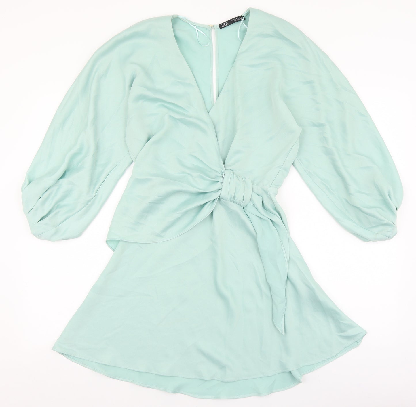 Zara Womens Blue Herringbone Polyester Skater Dress Size S V-Neck Button