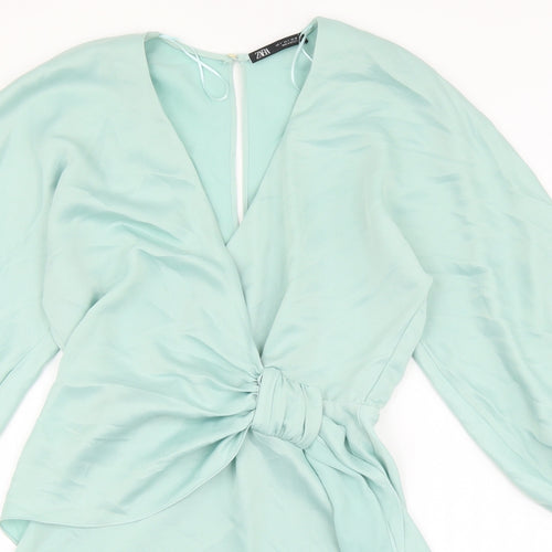 Zara Womens Blue Herringbone Polyester Skater Dress Size S V-Neck Button