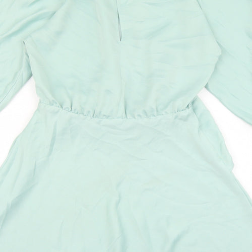 Zara Womens Blue Herringbone Polyester Skater Dress Size S V-Neck Button