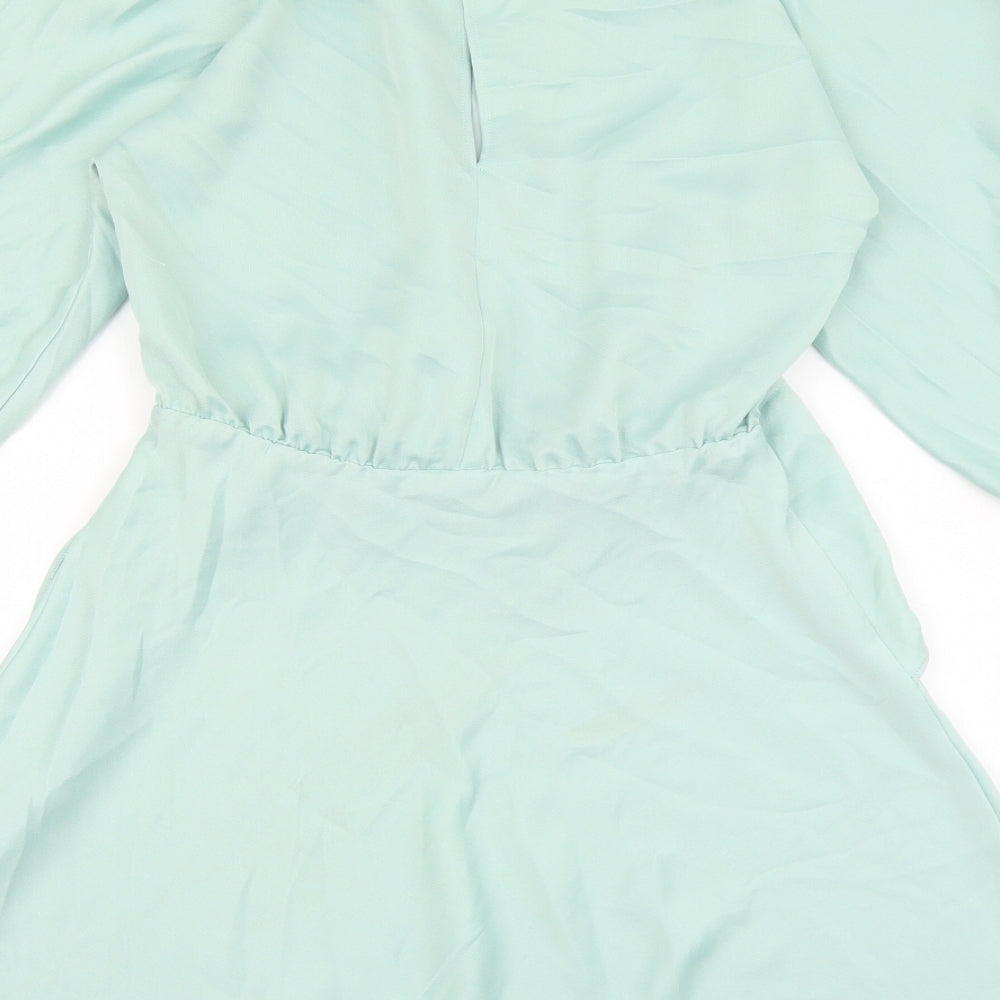 Zara Womens Blue Herringbone Polyester Skater Dress Size S V-Neck Button