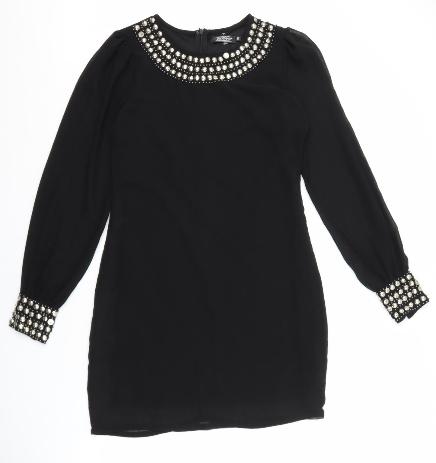 ZUPPE Womens Black Polyester A-Line Size 10 Boat Neck Zip - Embellished Neckline