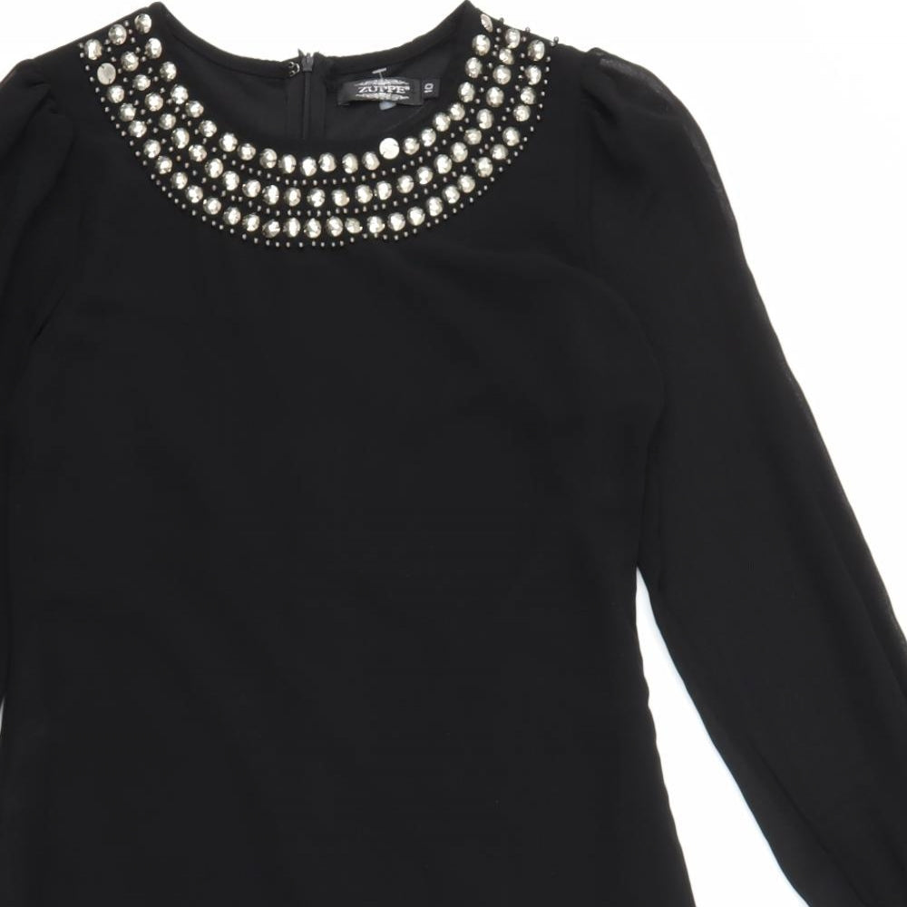 ZUPPE Womens Black Polyester A-Line Size 10 Boat Neck Zip - Embellished Neckline