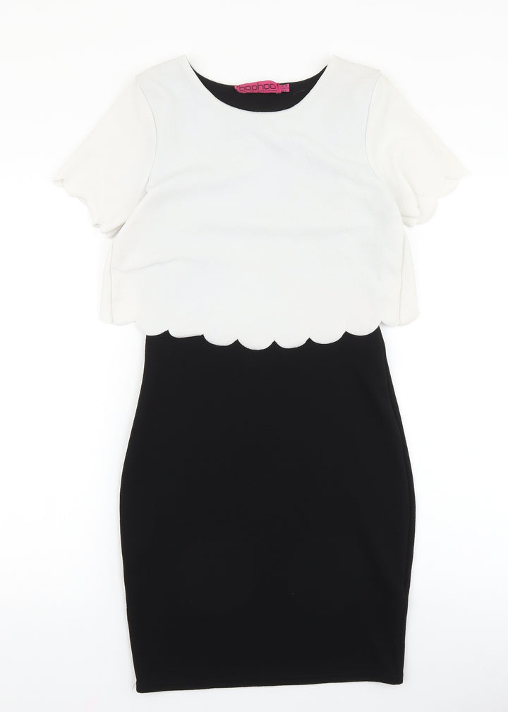Boohoo Womens Black Colourblock Polyester Pencil Dress Size 10 Boat Neck Pullover