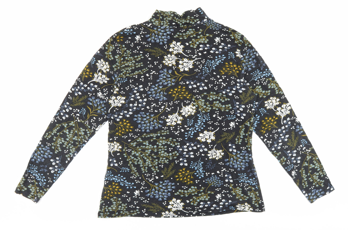 Marks and Spencer Womens Black Floral Cotton Basic T-Shirt Size 14 Mock Neck