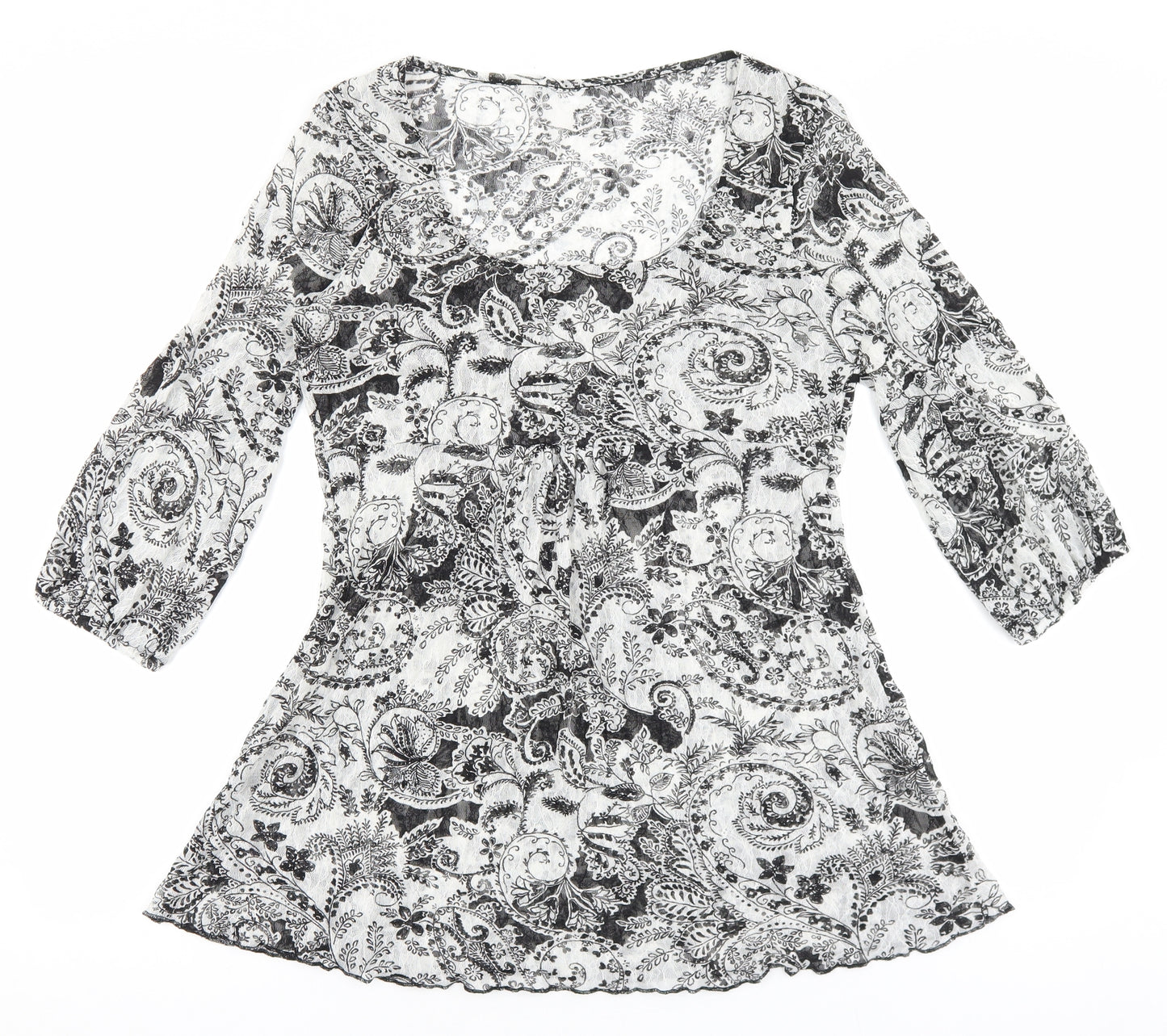 Marks and Spencer Womens Black Floral Polyester Basic Blouse Size 14 Scoop Neck