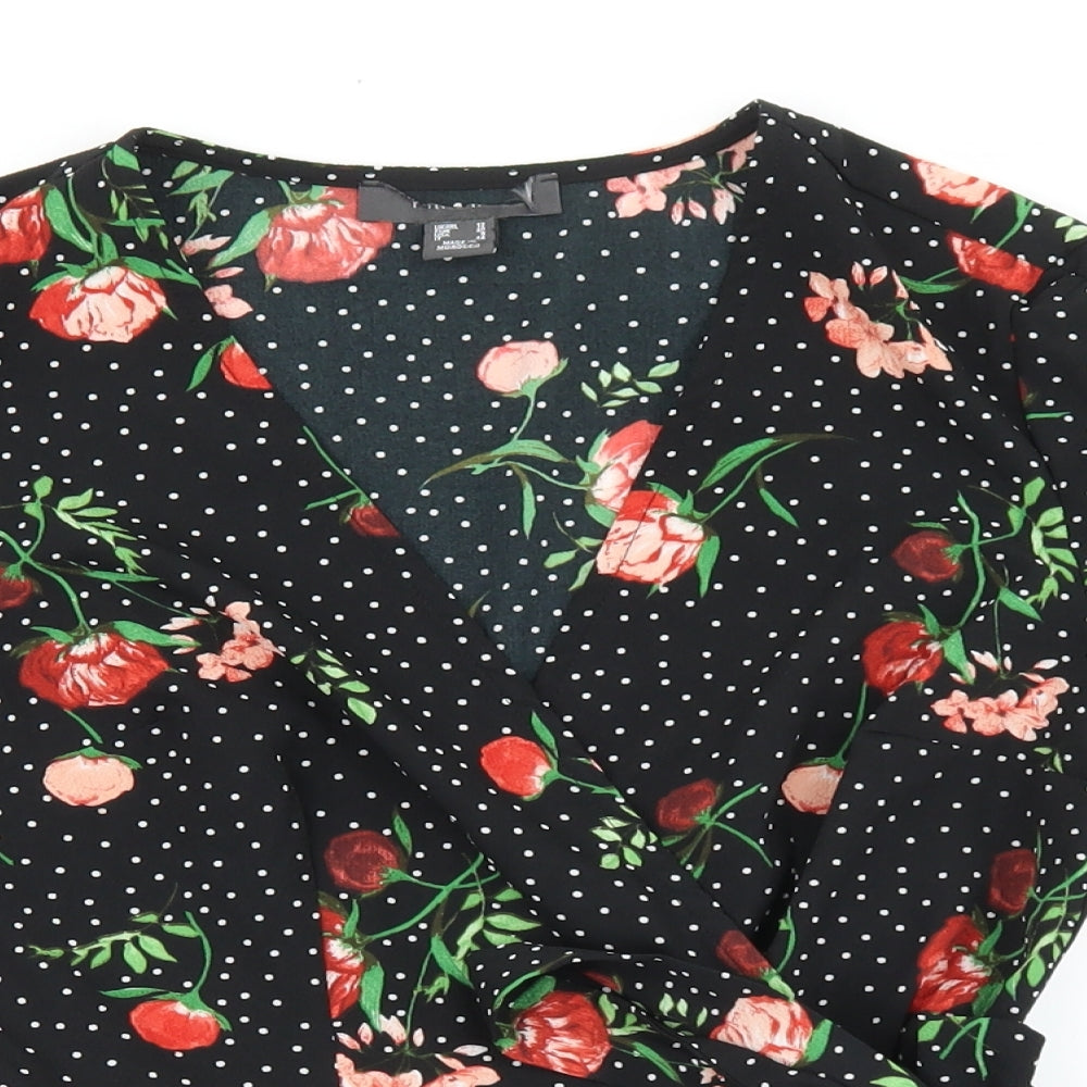 Primark Womens Black Geometric Polyester Basic Blouse Size 12 V-Neck