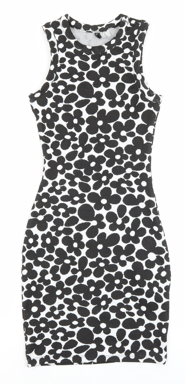 H&M Womens Black Floral Polyester Bodycon Size 2XS Roll Neck Pullover