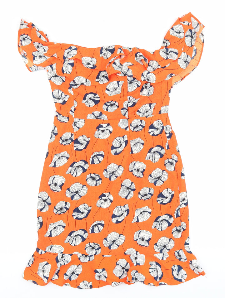 Vera & lucy Womens Orange Floral Polyester Mini Size S Off the Shoulder Zip