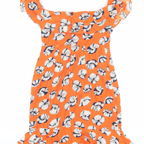Vera & lucy Womens Orange Floral Polyester Mini Size S Off the Shoulder Zip