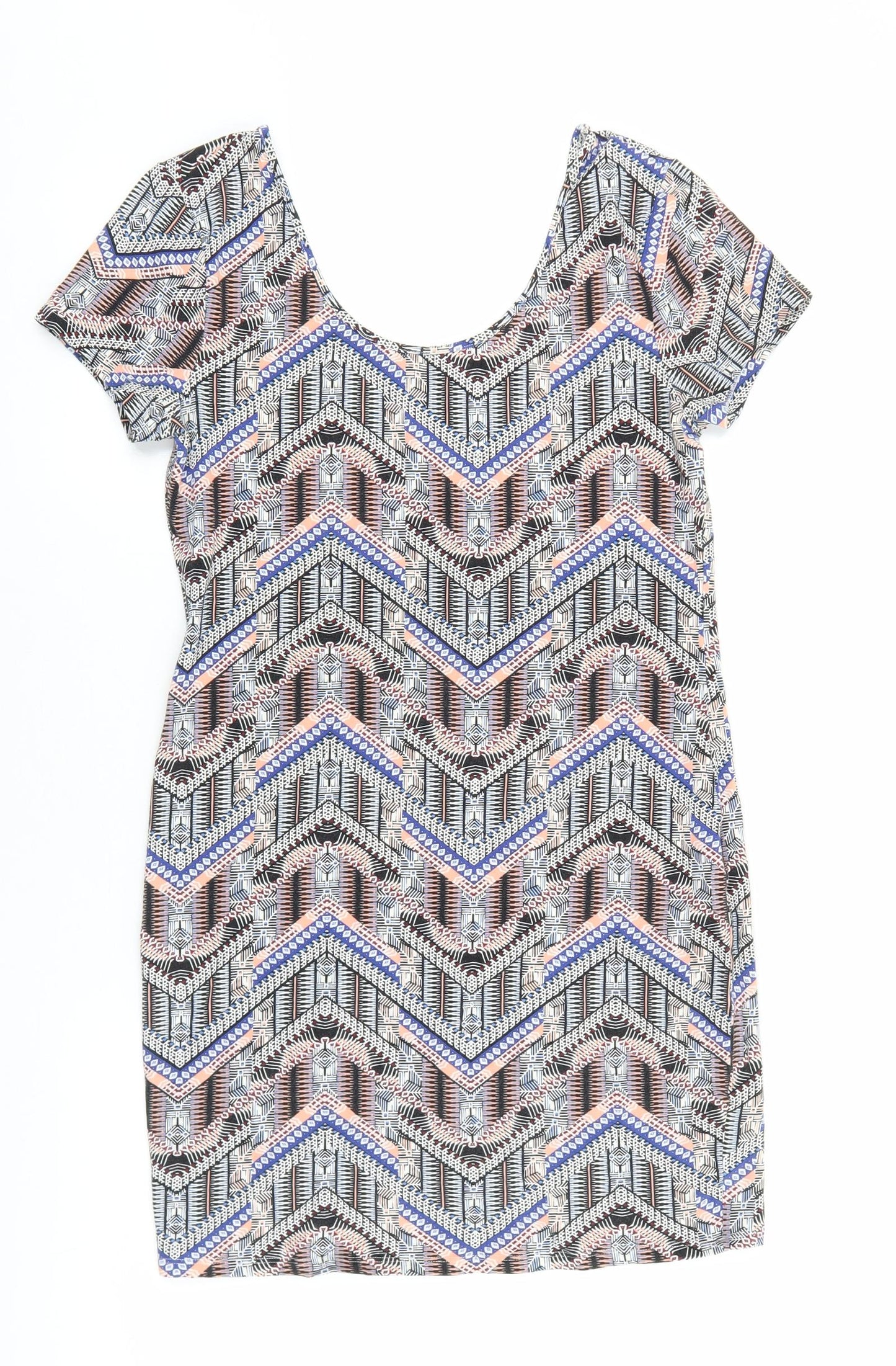 New Look Womens Multicoloured Geometric Cotton Shift Size 14 Scoop Neck Pullover