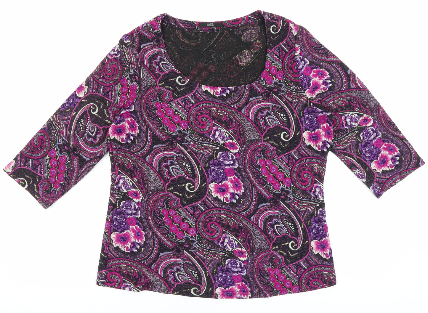 Marks and Spencer Womens Pink Floral Polyester Basic Blouse Size 16 Scoop Neck
