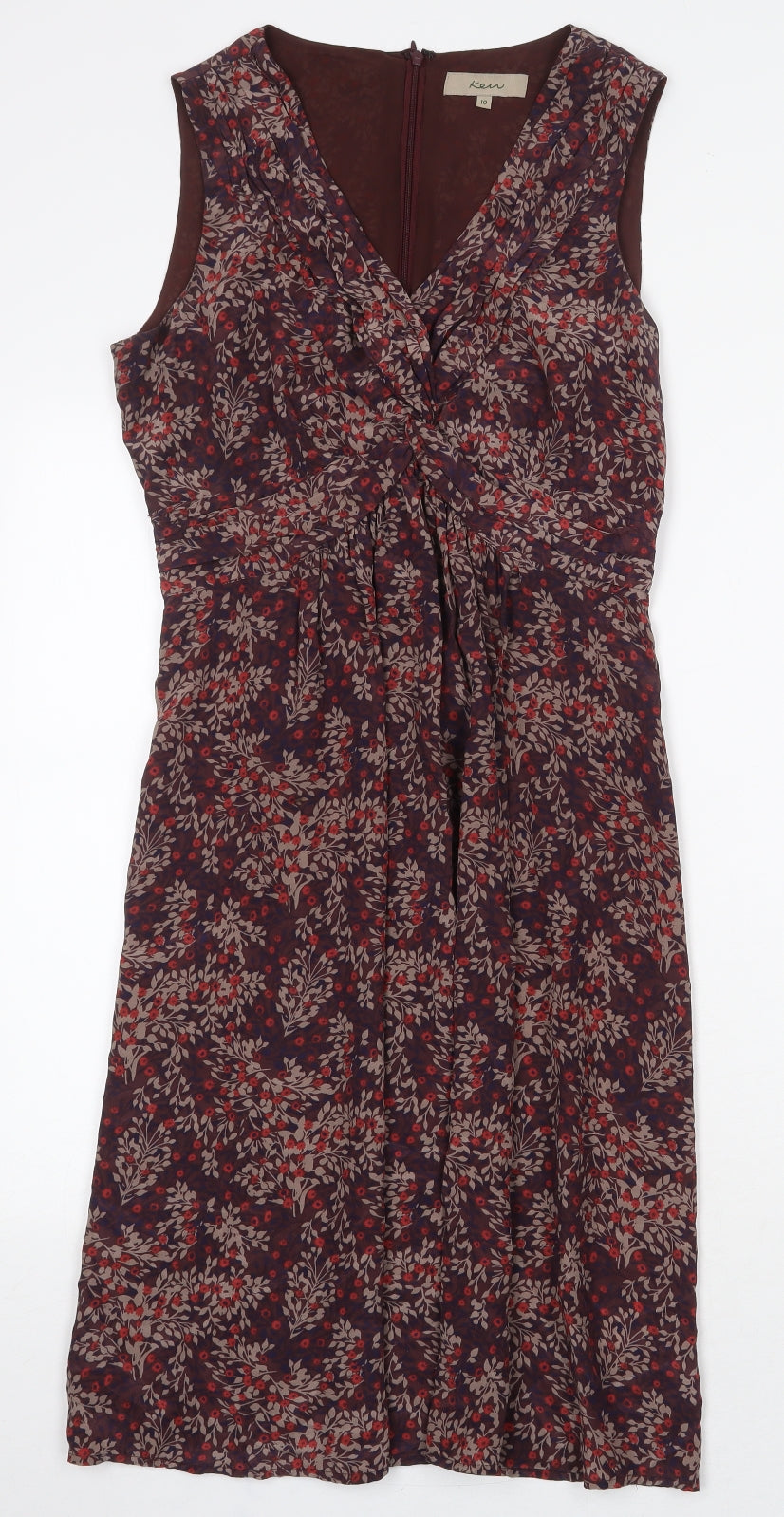 Ken Womens Red Floral Silk A-Line Size 10 V-Neck Zip