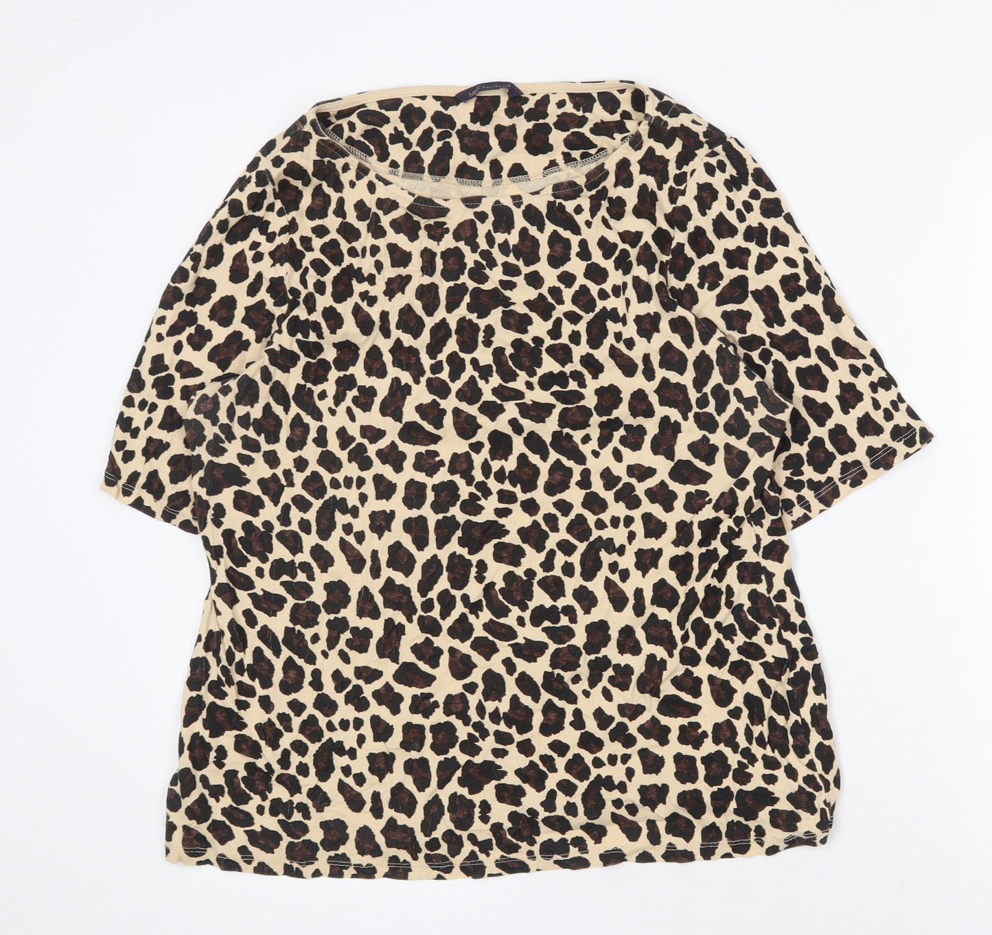 Marks and Spencer Womens Beige Animal Print 100% Cotton Basic T-Shirt Size 20 Round Neck