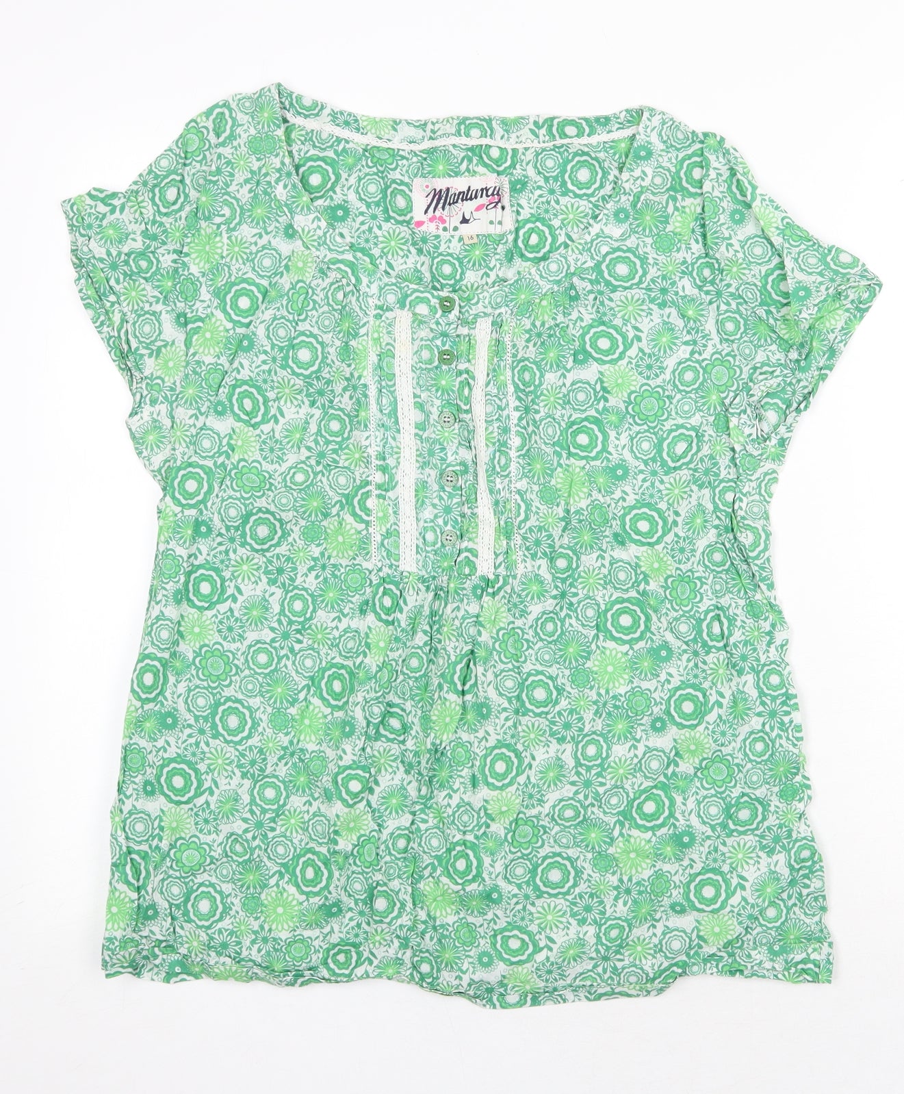 MANTARAY PRODUCTS Womens Green Geometric 100% Cotton Basic T-Shirt Size 16 Round Neck