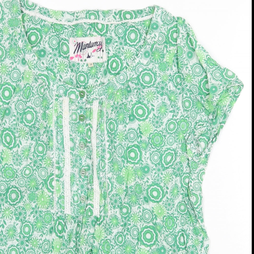 MANTARAY PRODUCTS Womens Green Geometric 100% Cotton Basic T-Shirt Size 16 Round Neck