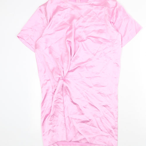 Zara Womens Pink Polyester T-Shirt Dress Size M Round Neck Zip - Twist Detail