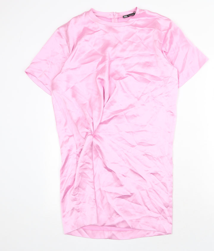 Zara Womens Pink Polyester T-Shirt Dress Size M Round Neck Zip - Twist Detail