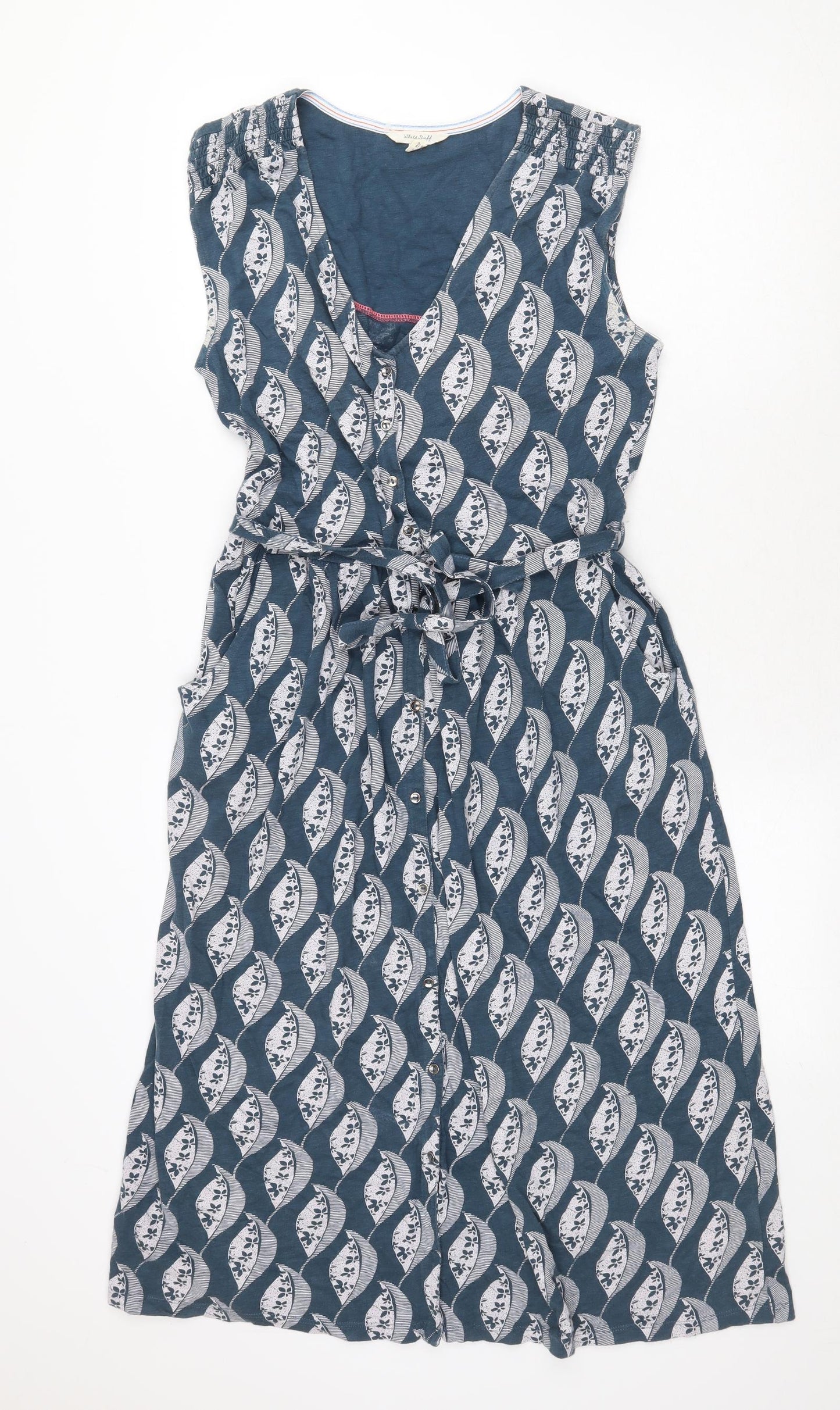 White Stuff Womens Blue Geometric 100% Cotton A-Line Size 10 V-Neck Button