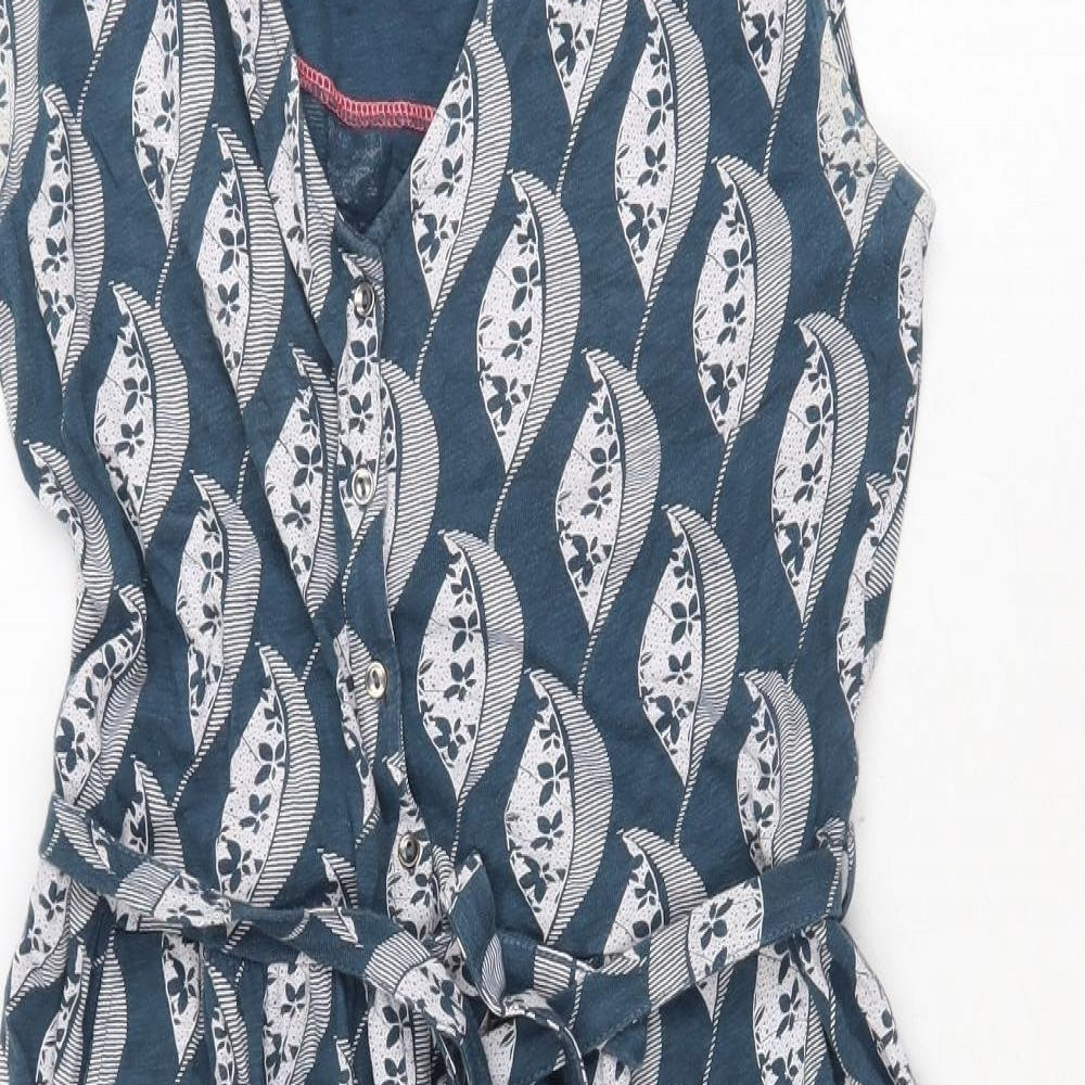 White Stuff Womens Blue Geometric 100% Cotton A-Line Size 10 V-Neck Button
