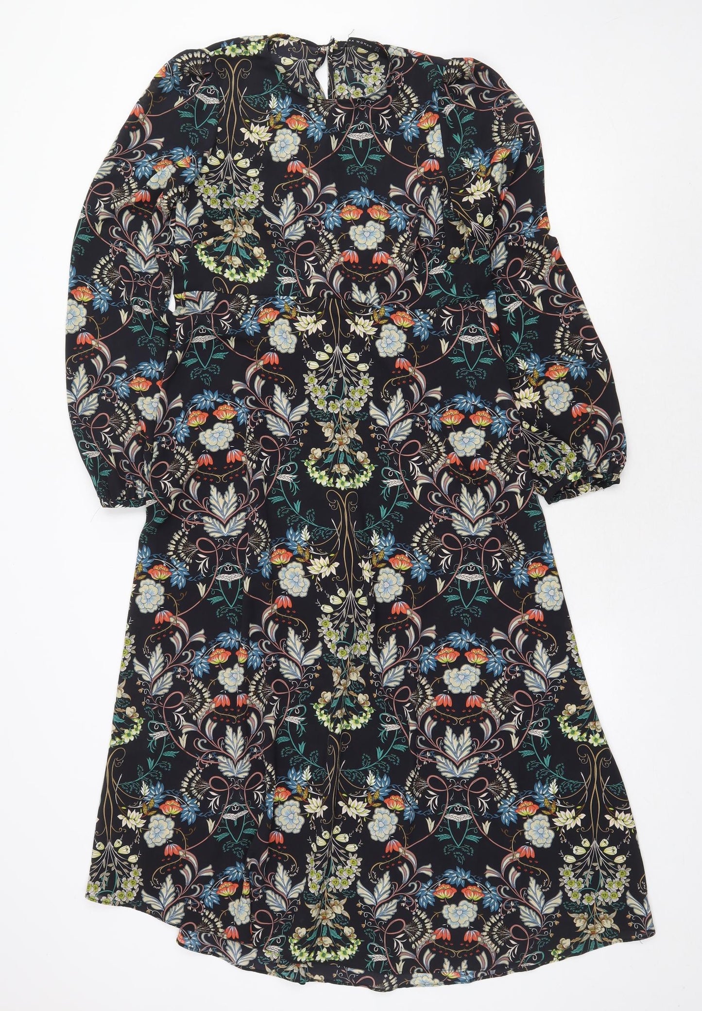Zara Womens Blue Floral Polyester A-Line Size M Round Neck Zip