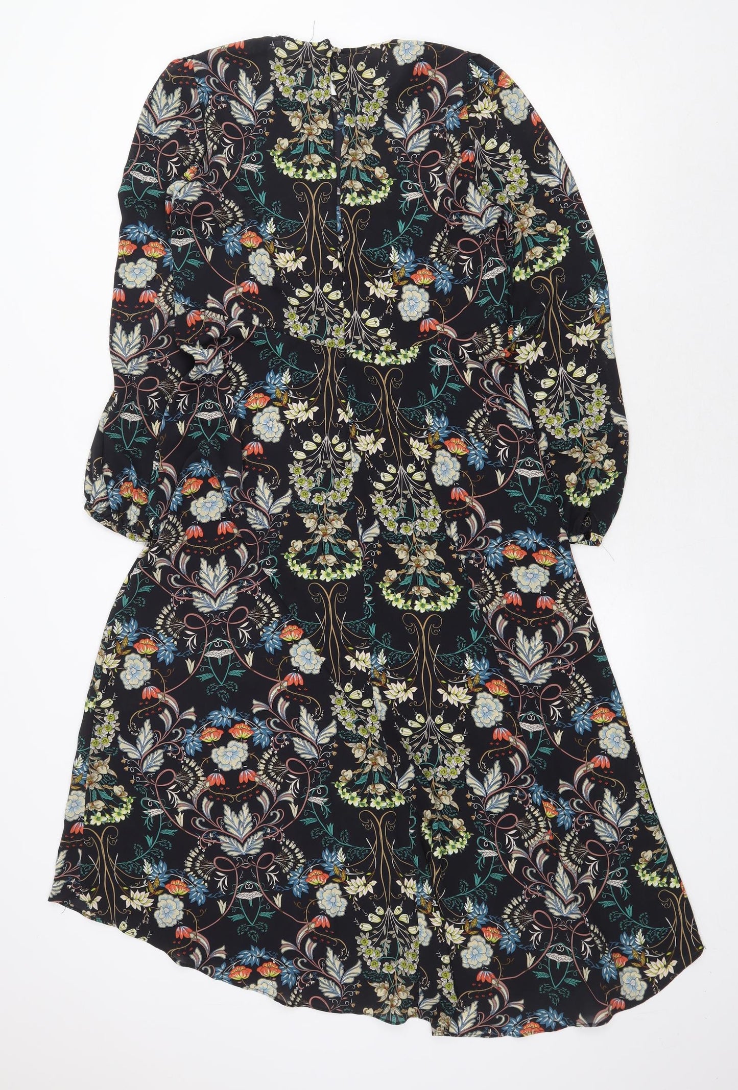 Zara Womens Blue Floral Polyester A-Line Size M Round Neck Zip