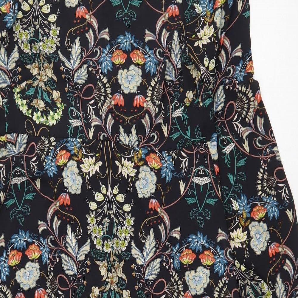 Zara Womens Blue Floral Polyester A-Line Size M Round Neck Zip