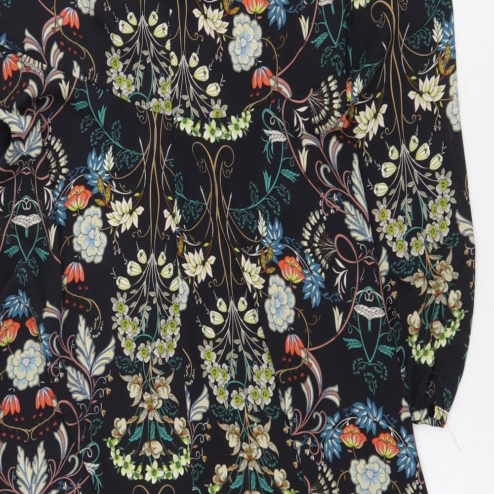 Zara Womens Blue Floral Polyester A-Line Size M Round Neck Zip