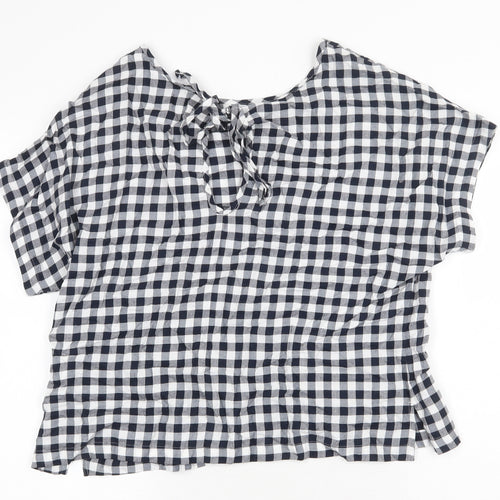 Marks and Spencer Womens Blue Check Cotton Basic Blouse Size 10 Boat Neck