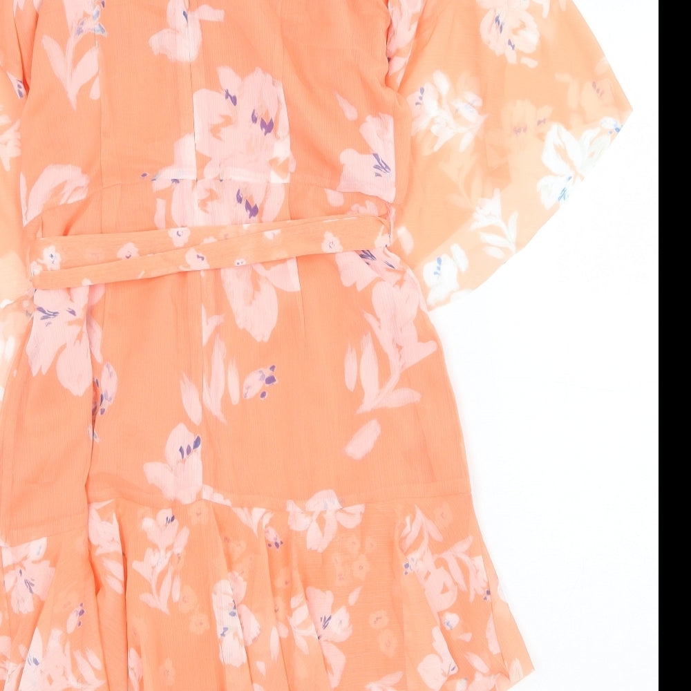 French Connection Womens Orange Floral Polyester Fit & Flare Size 12 Round Neck Zip