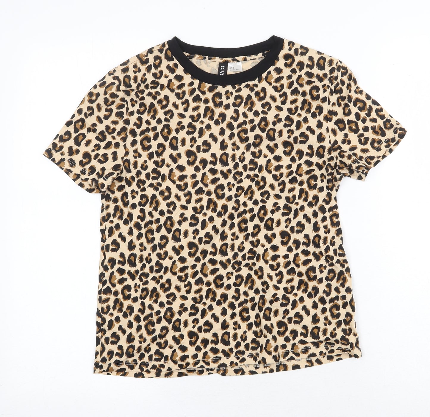 H&M Womens Beige Animal Print 100% Cotton Basic T-Shirt Size S Round Neck - Leopard Pattern
