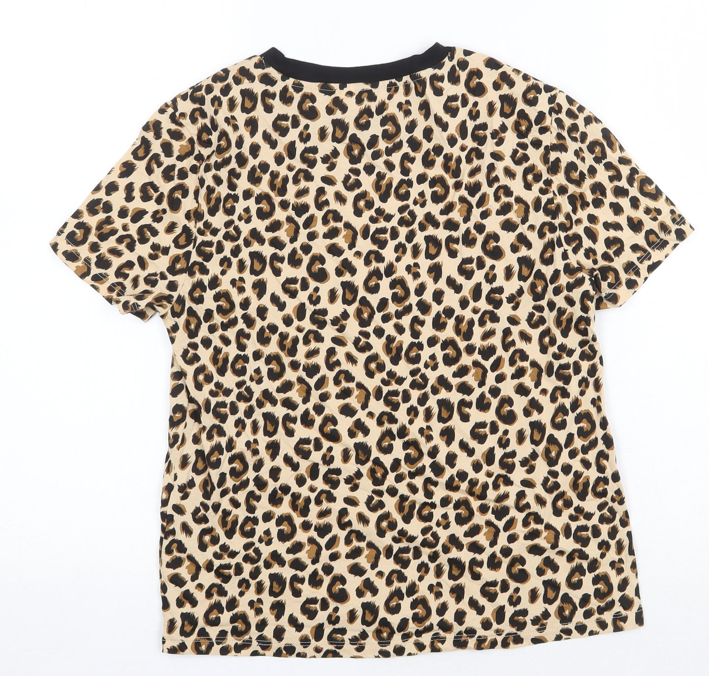 H&M Womens Beige Animal Print 100% Cotton Basic T-Shirt Size S Round Neck - Leopard Pattern