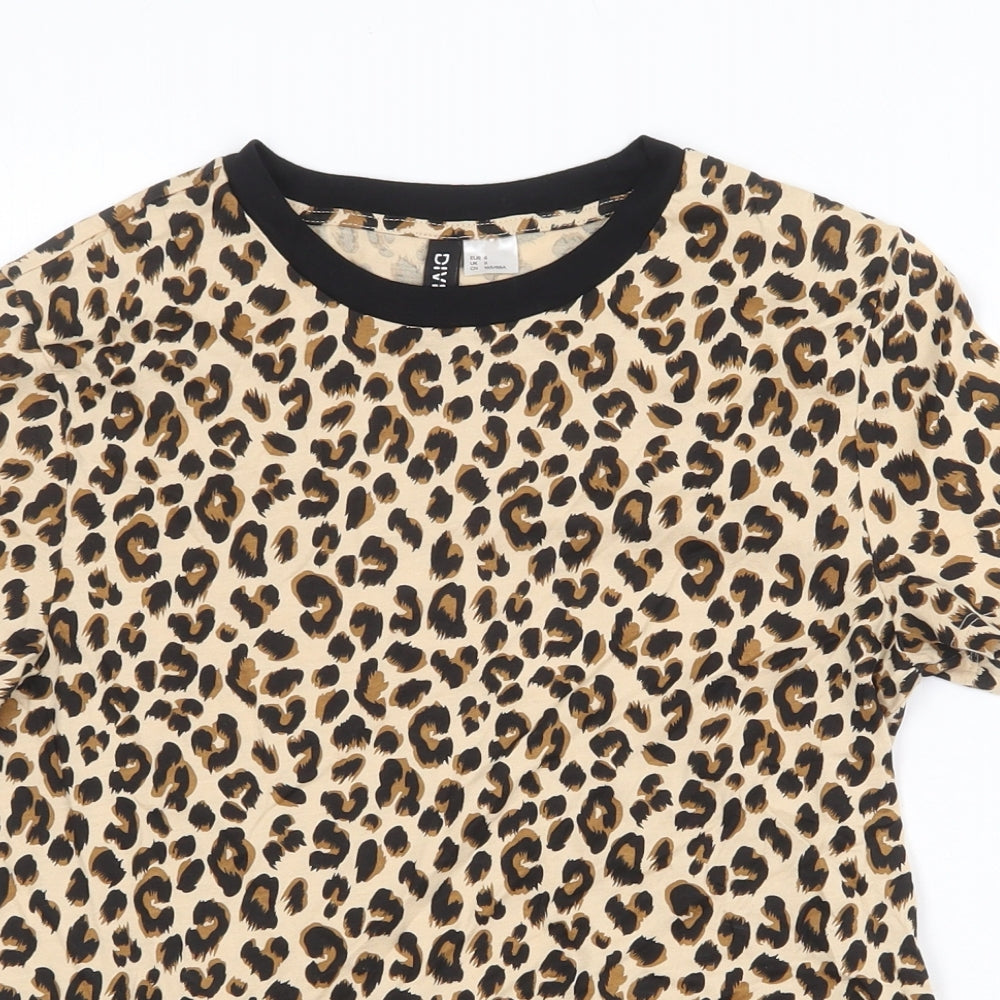 H&M Womens Beige Animal Print 100% Cotton Basic T-Shirt Size S Round Neck - Leopard Pattern