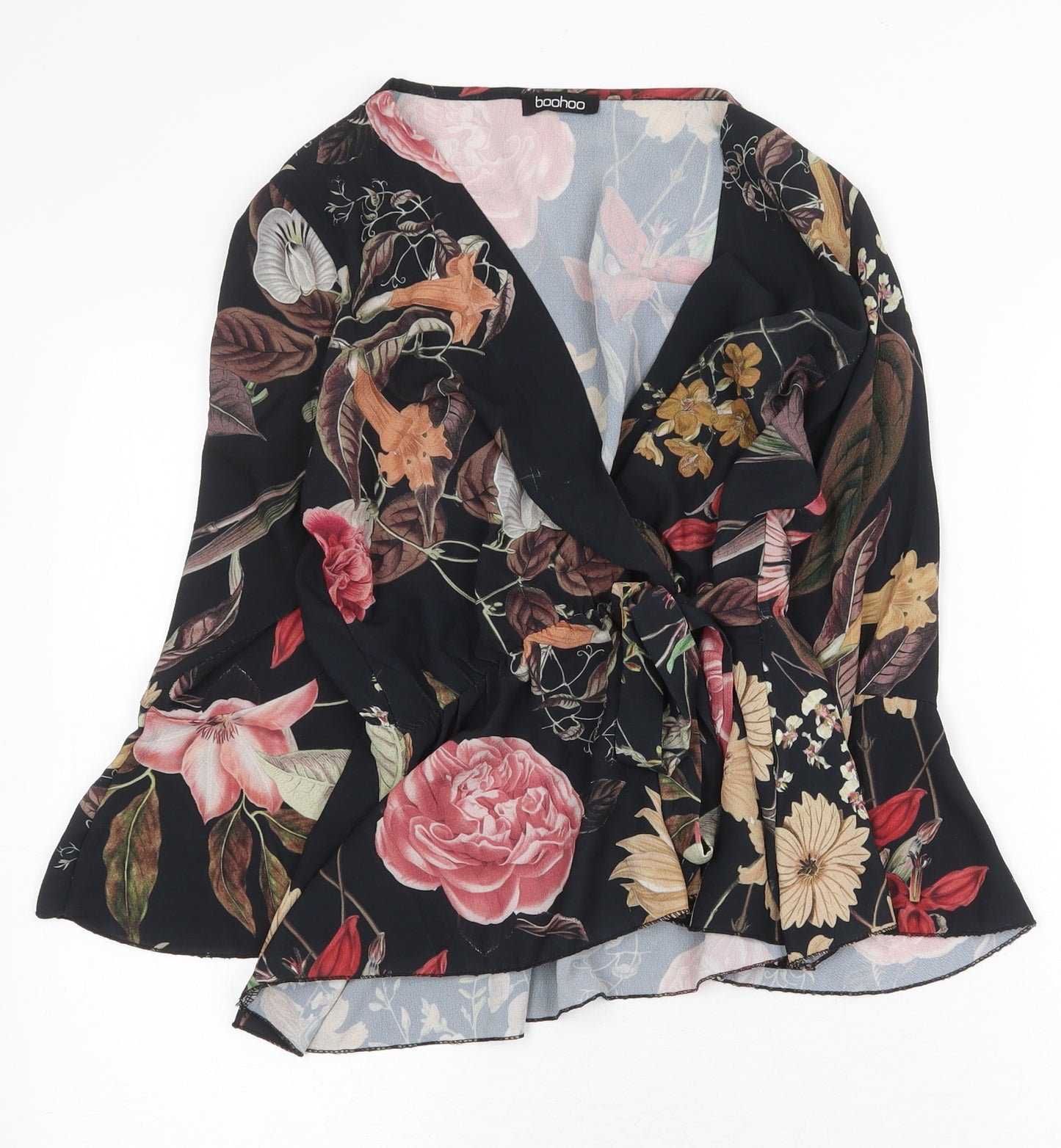 Boohoo Womens Black Floral Polyester Basic Blouse Size M V-Neck