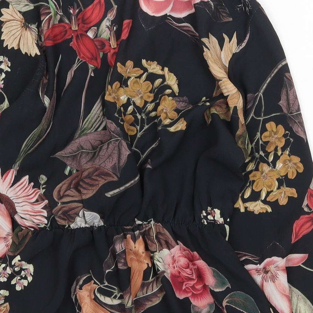 Boohoo Womens Black Floral Polyester Basic Blouse Size M V-Neck