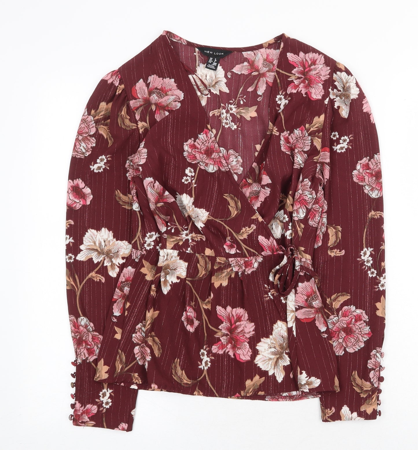 New Look Womens Red Floral Polyester Basic Blouse Size 8 V-Neck