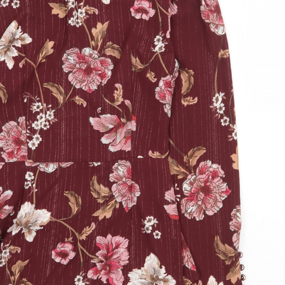 New Look Womens Red Floral Polyester Basic Blouse Size 8 V-Neck