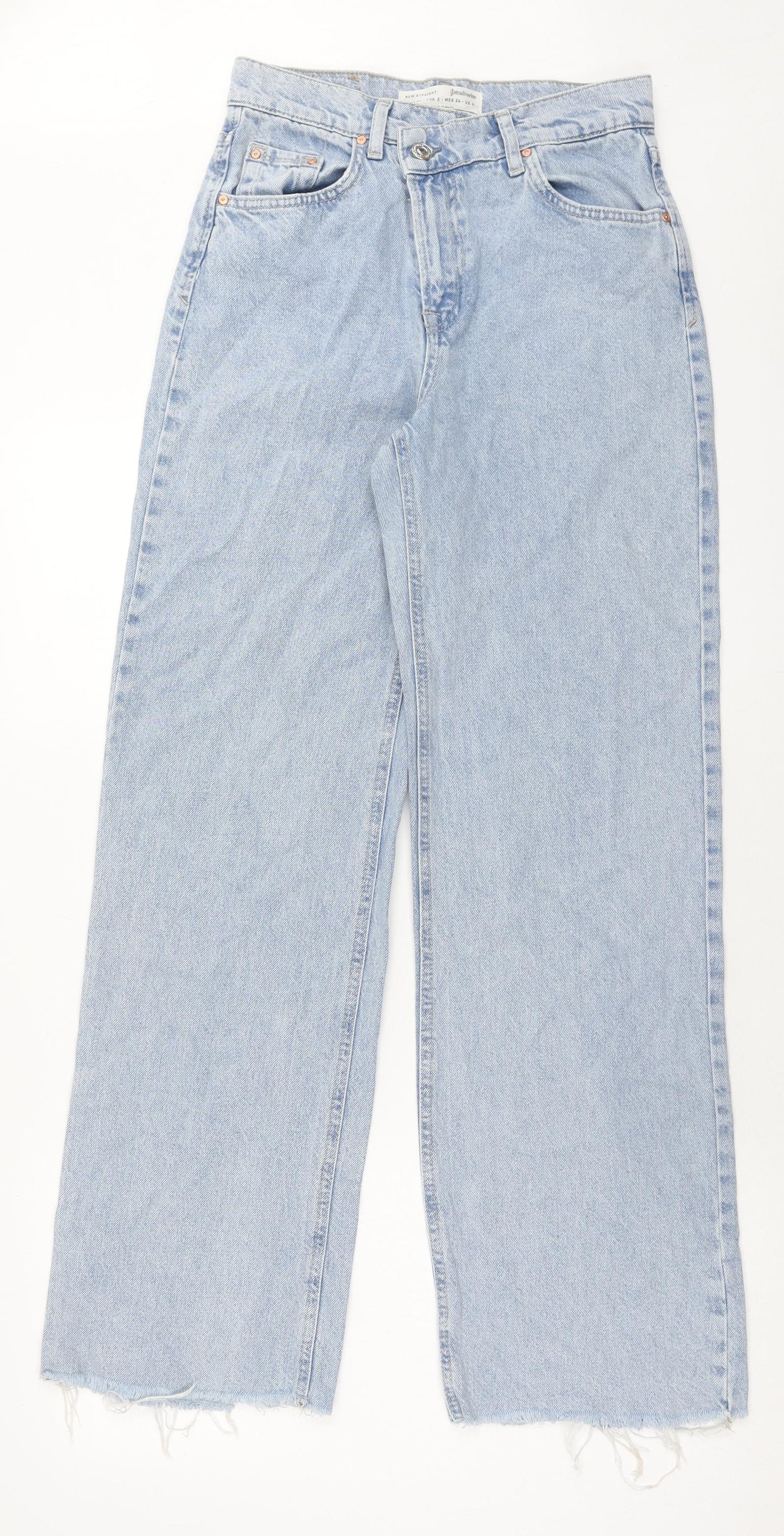 Stradivarius Womens Blue Cotton Straight Jeans Size 6 Regular Button - Distressed Hems