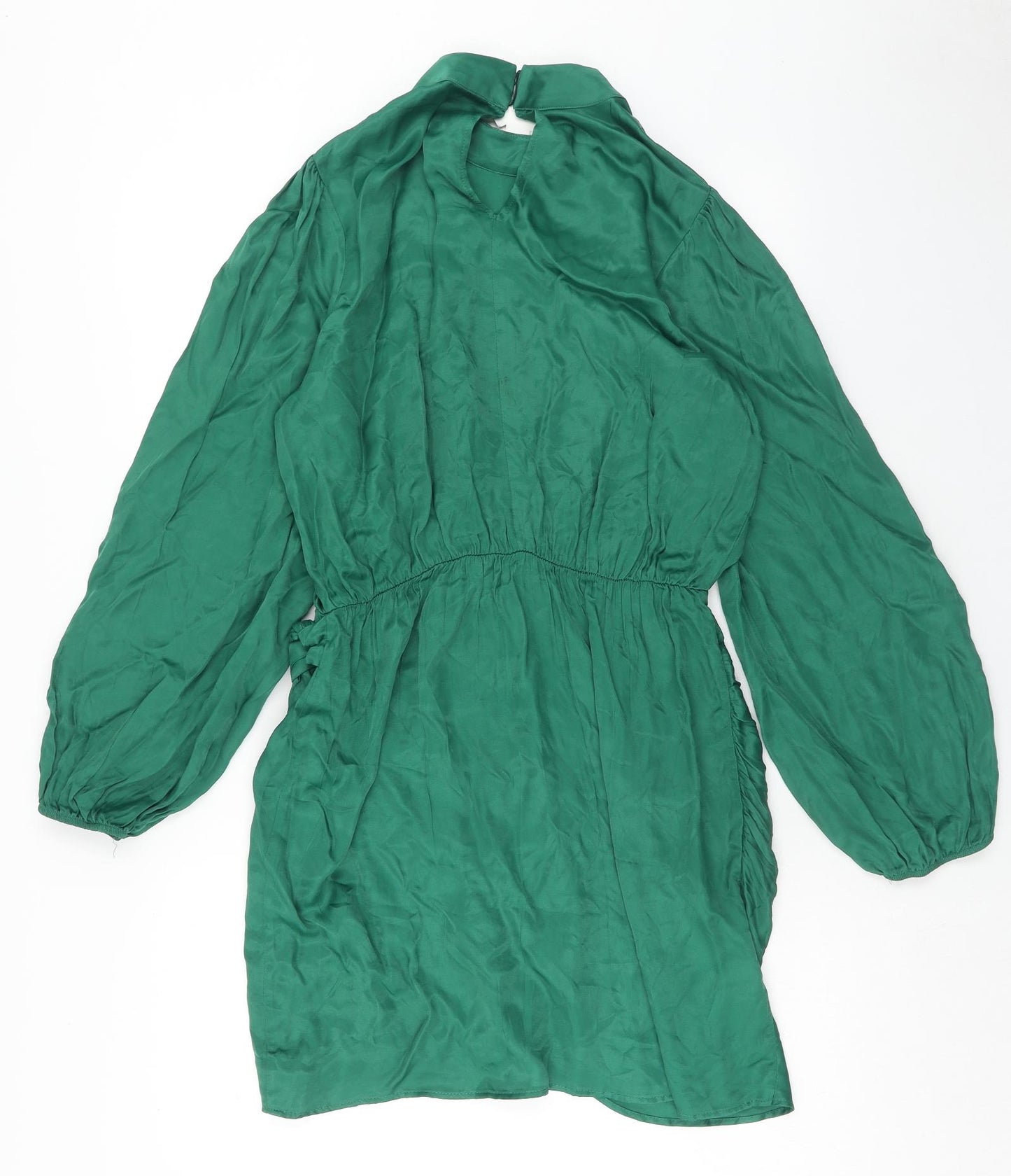 Zara Womens Green Viscose Sheath Size L Mock Neck Button