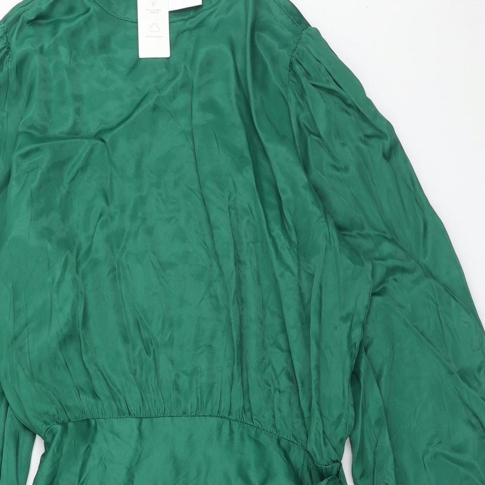 Zara Womens Green Viscose Sheath Size L Mock Neck Button