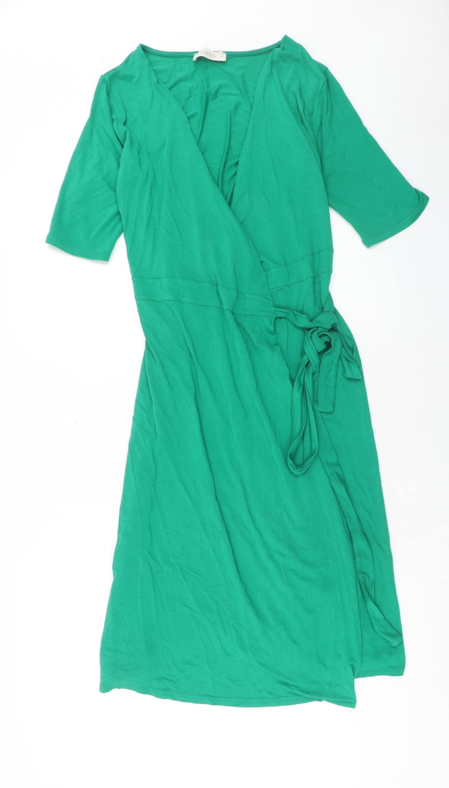 Oasis Womens Green Viscose Wrap Dress Size M V-Neck Tie