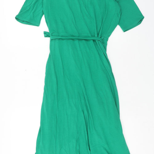 Oasis Womens Green Viscose Wrap Dress Size M V-Neck Tie