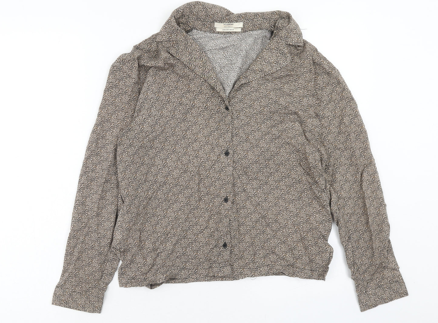 Pull&Bear Womens Brown Animal Print Viscose Basic Button-Up Size S Collared - Leopard Print