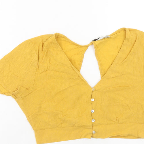 Pull&Bear Womens Yellow Viscose Cropped Blouse Size M V-Neck - Open Back
