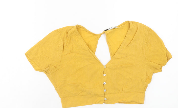 Pull&Bear Womens Yellow Viscose Cropped Blouse Size M V-Neck - Open Back
