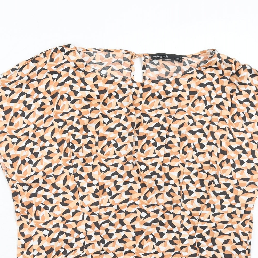 Marks and Spencer Womens Orange Geometric Viscose Basic Blouse Size 8 Boat Neck