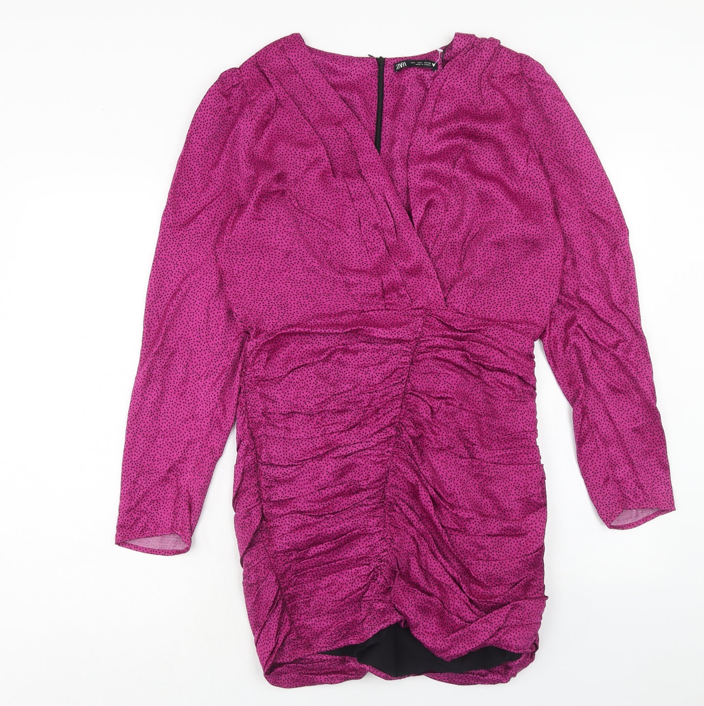 Zara Womens Purple Animal Print Viscose Mini Size L V-Neck Zip