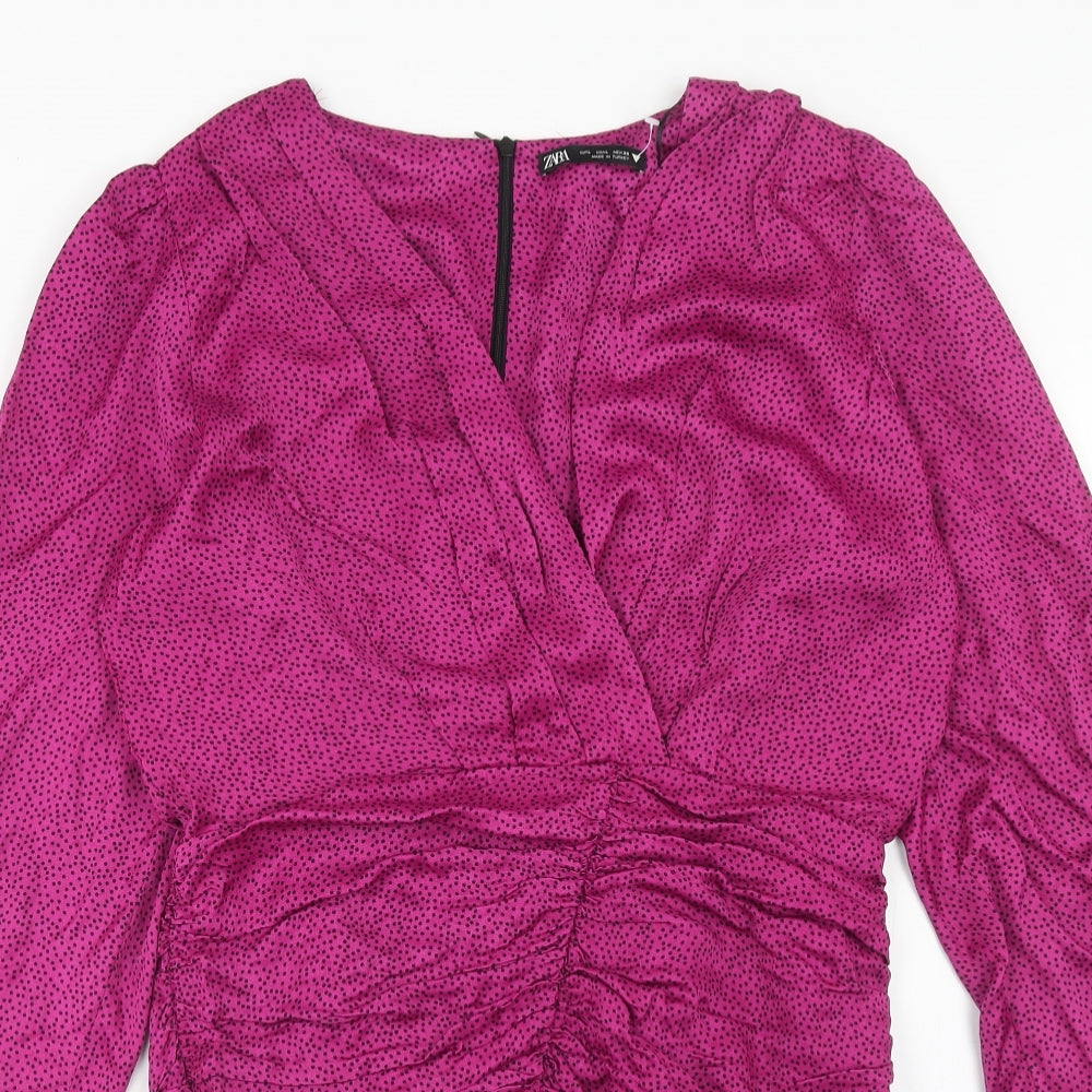 Zara Womens Purple Animal Print Viscose Mini Size L V-Neck Zip