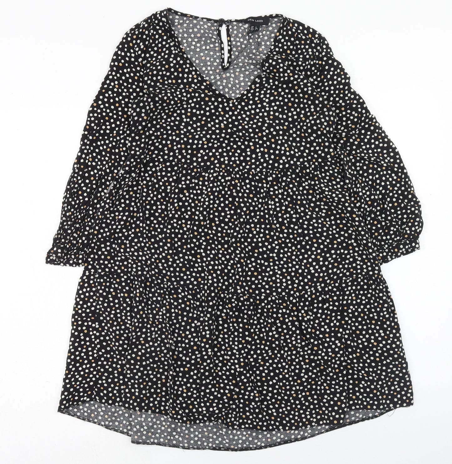 New Look Womens Black Animal Print Viscose A-Line Size 6 V-Neck Button