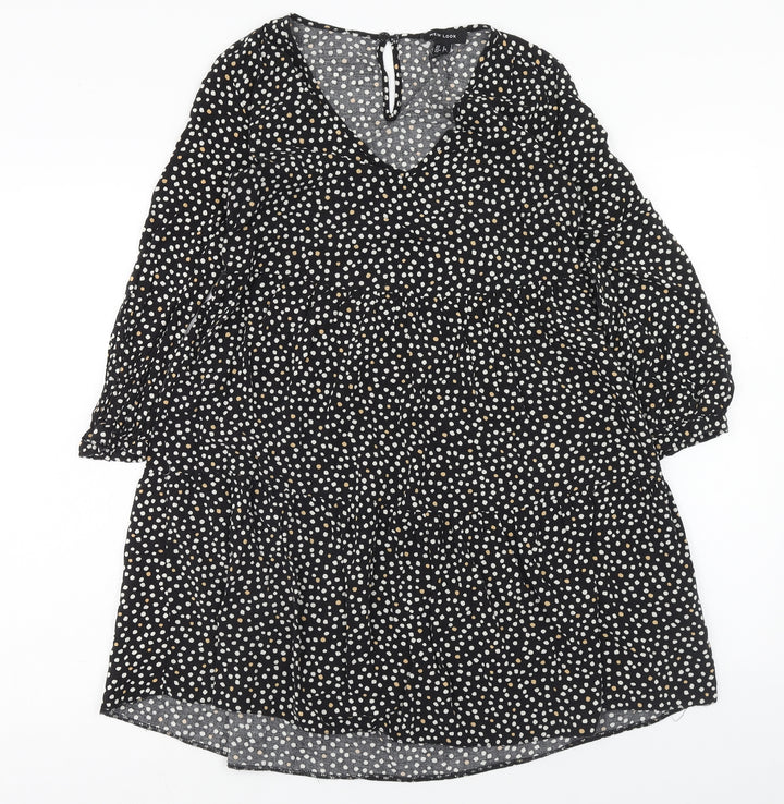 New Look Womens Black Animal Print Viscose A-Line Size 6 V-Neck Button